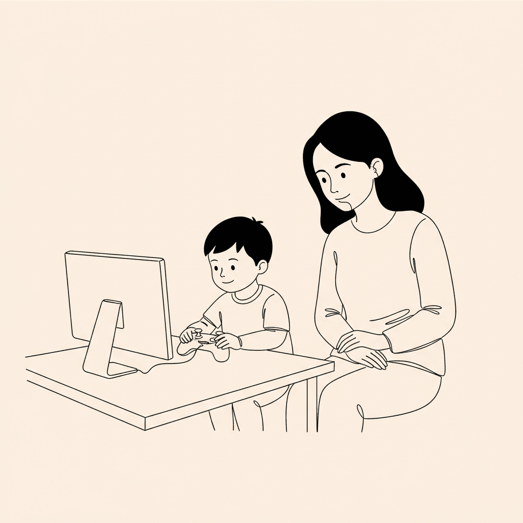 Child focused intently on a screen activity, parent nearby