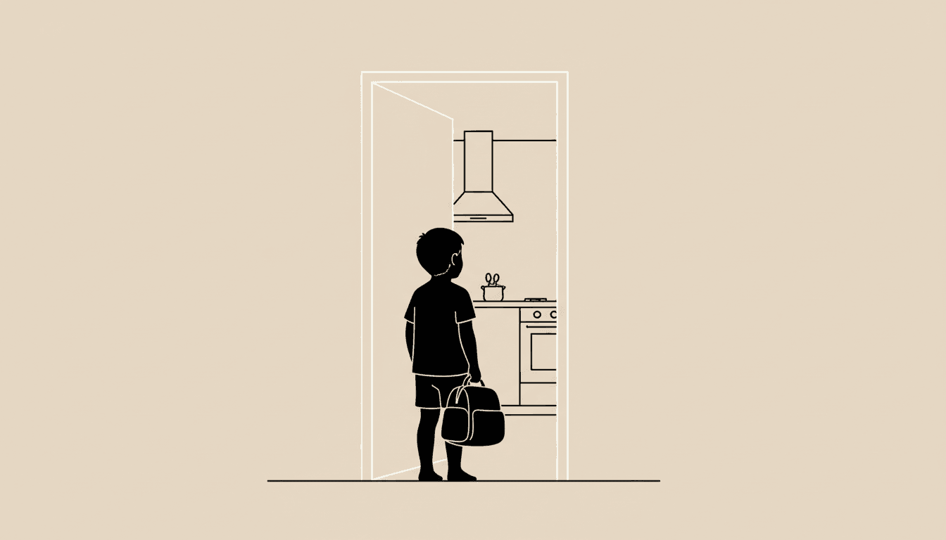 Child holding diaper bag at bedroom doorway, warm evening light, task completed