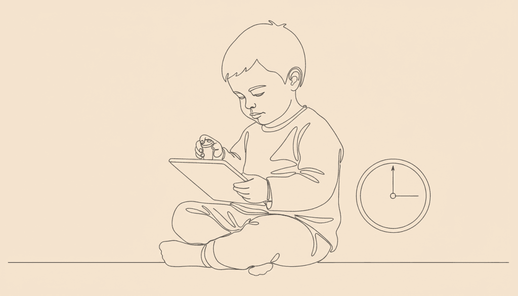 Child's bedroom with scattered toys, child sitting calmly nearby