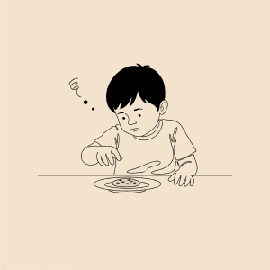 Child looking at cookie on plate, hand hovering