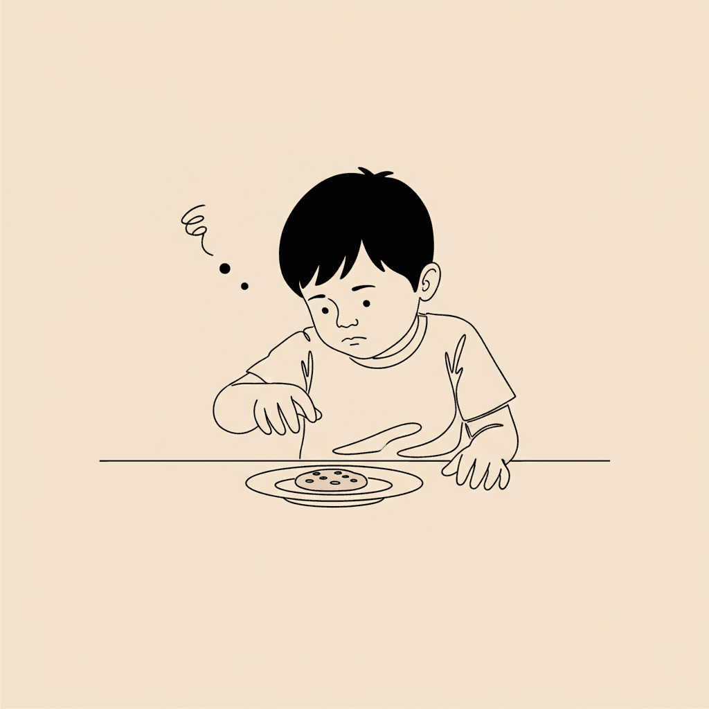 Child looking at cookie on plate, hand hovering