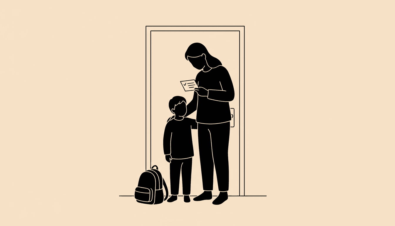 Child and parent looking at a checklist by the front door
