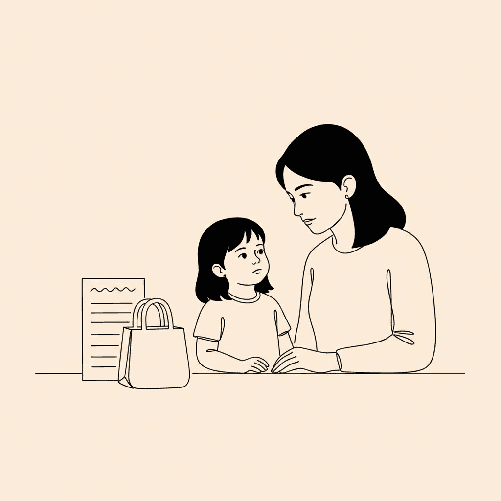 Child standing with parent near a grocery list, thoughtful expression