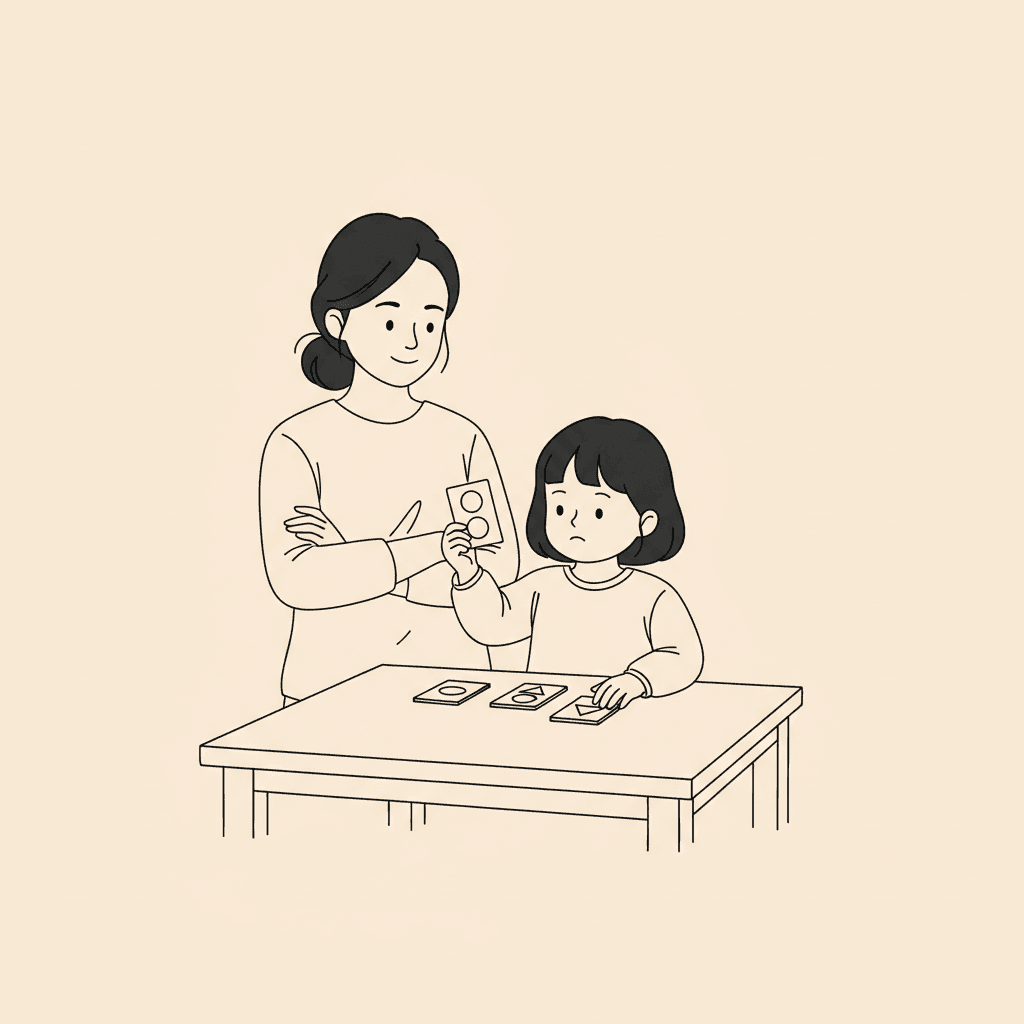 Child holding a sorting card mid-air at a table, puzzled expression