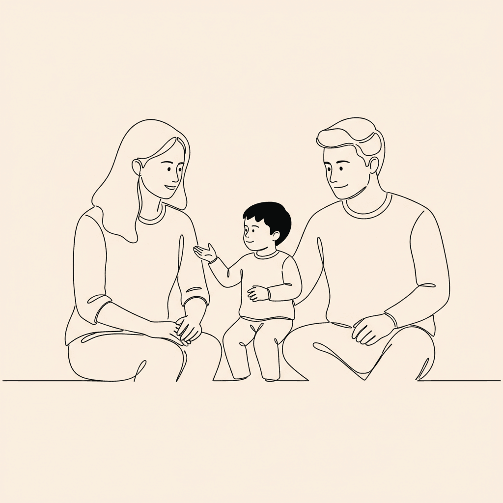 Child gesturing mid-conversation between two adults