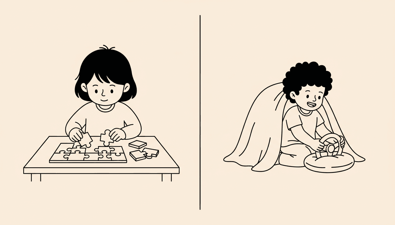 Child doing a structured puzzle beside a child in open-ended make-believe play