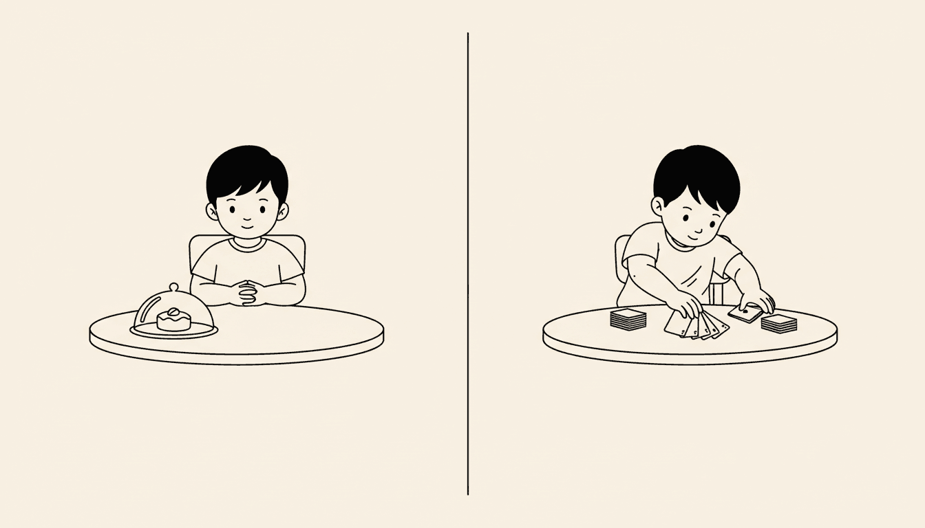 Two children shown side by side doing a waiting task and a sorting task