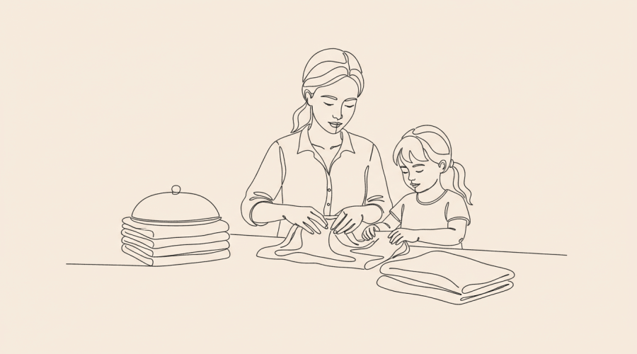 Parent and child folding laundry together, covered plate in background
