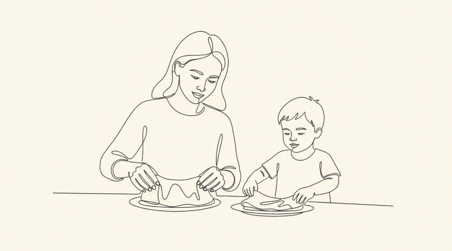 Parent and child setting table together, treat covered with napkin nearby