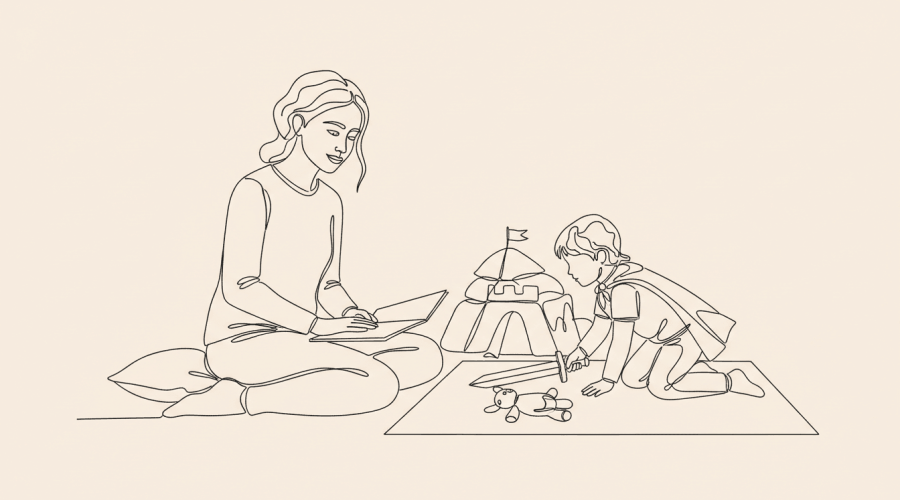 Parent sitting nearby a child's pretend play without directing it